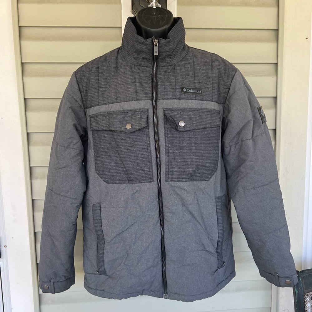 Columbia Men's Puffer Jacket Two Tone Gray Sz Large Full Zip Snap Front Pockets